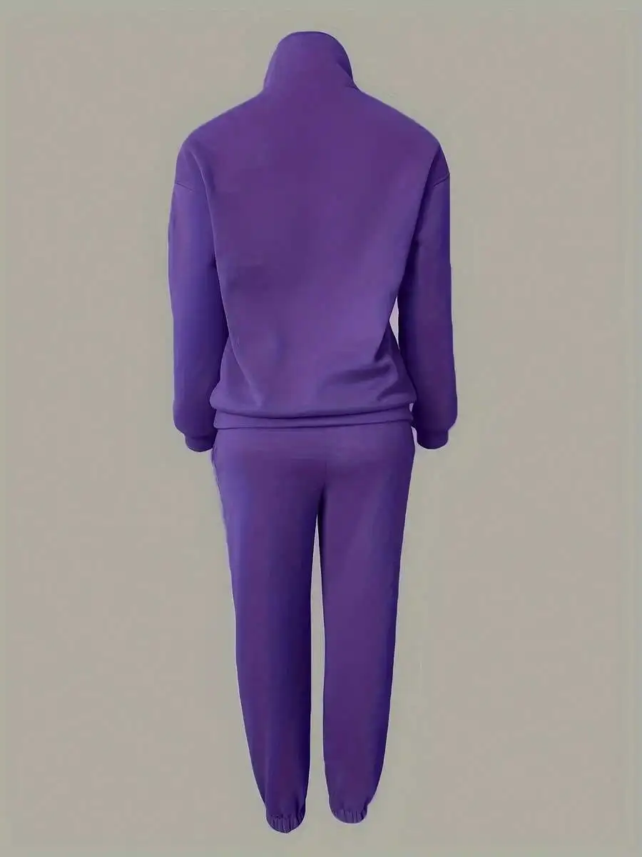 

Womens Purple Two Piece Fleece Set Casual Sportswear Autumn Winter