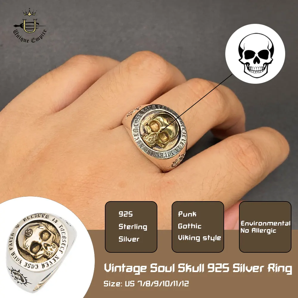 925 Sterling Silver Vintage Soul Skull Male Ring Inlaid Copper Skeleton Adjustable Bike Band Punk Jewelry