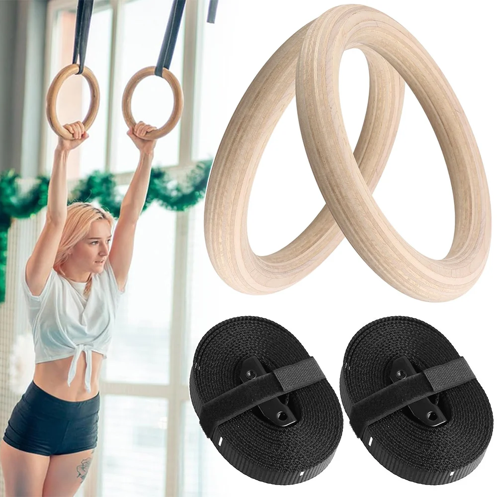2 Stück Professionelle Gymnastikringe aus Birkenholz, 500 kg Tragkraft, mit 25 mm x 4,5 m markierten Gurten für Klimmzüge, Fitnesstraining und Heimübungen – Detail 1