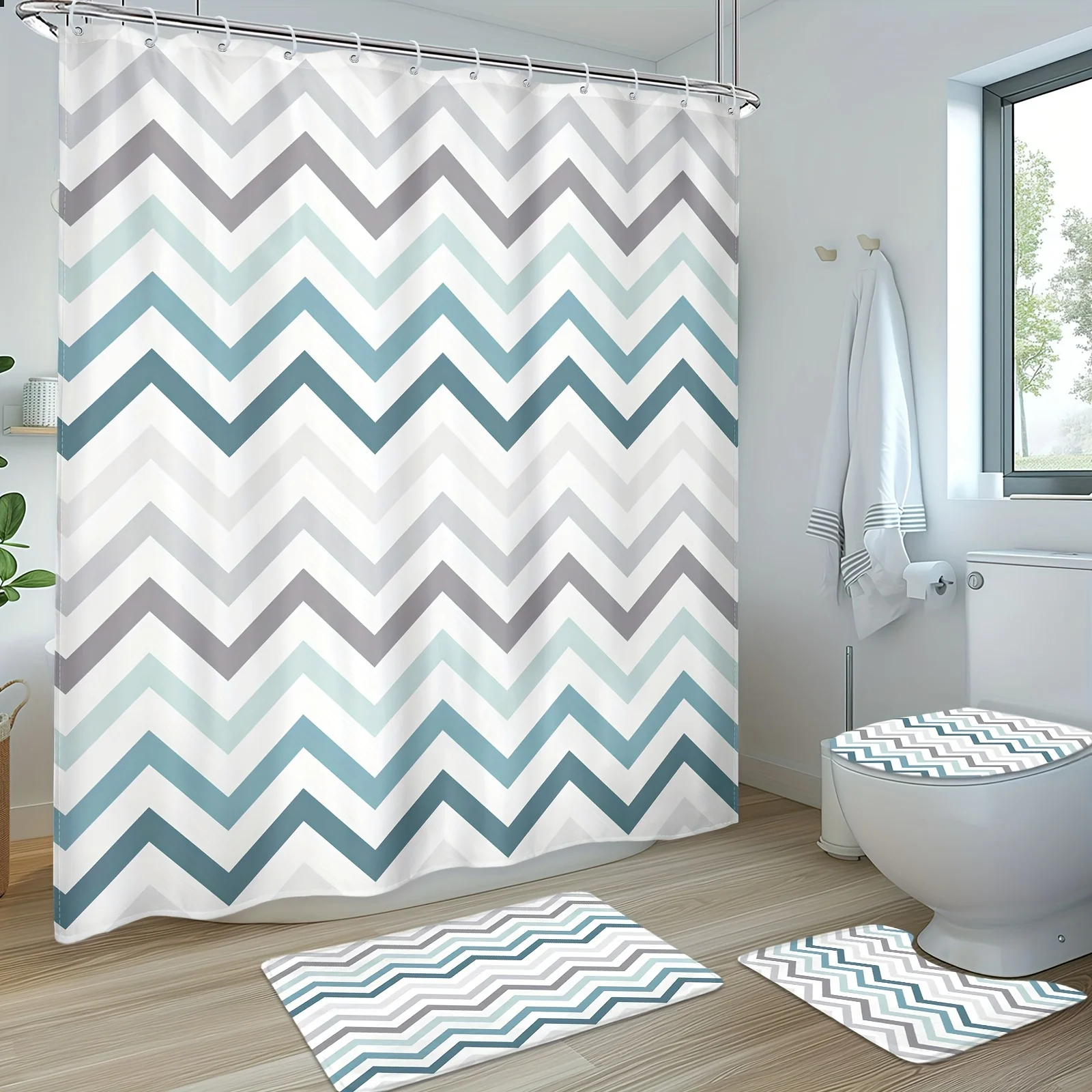 Modern Waterproof Herringbone Geometric Shower Curtain Set - 1/4pcs Fold Line Shower Curtain with 12 Hooks, Non-slip Bathroom Fl