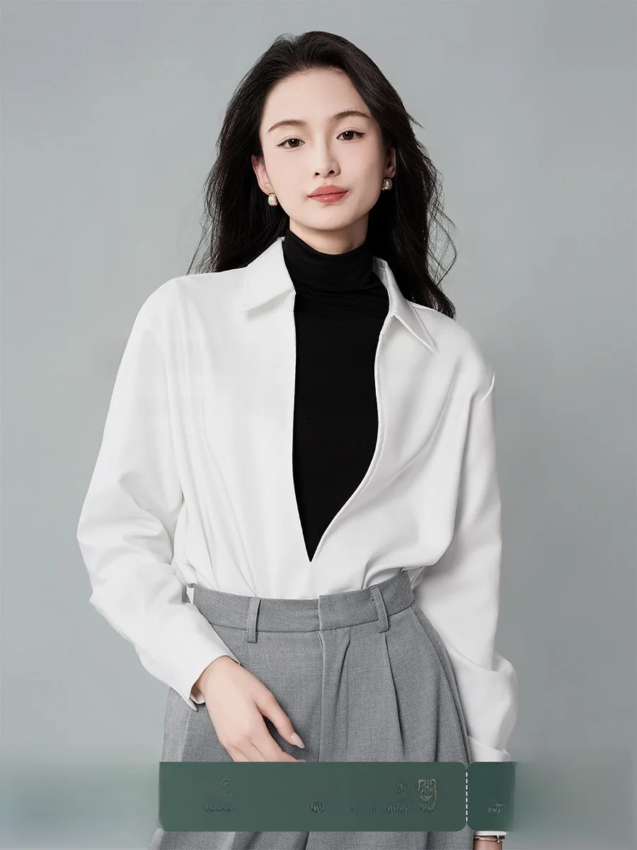 

Achu Sli White V-Ne Overhead irt Women's Layered Deep V Loose Commute Top Profional Outfit Casual Faion