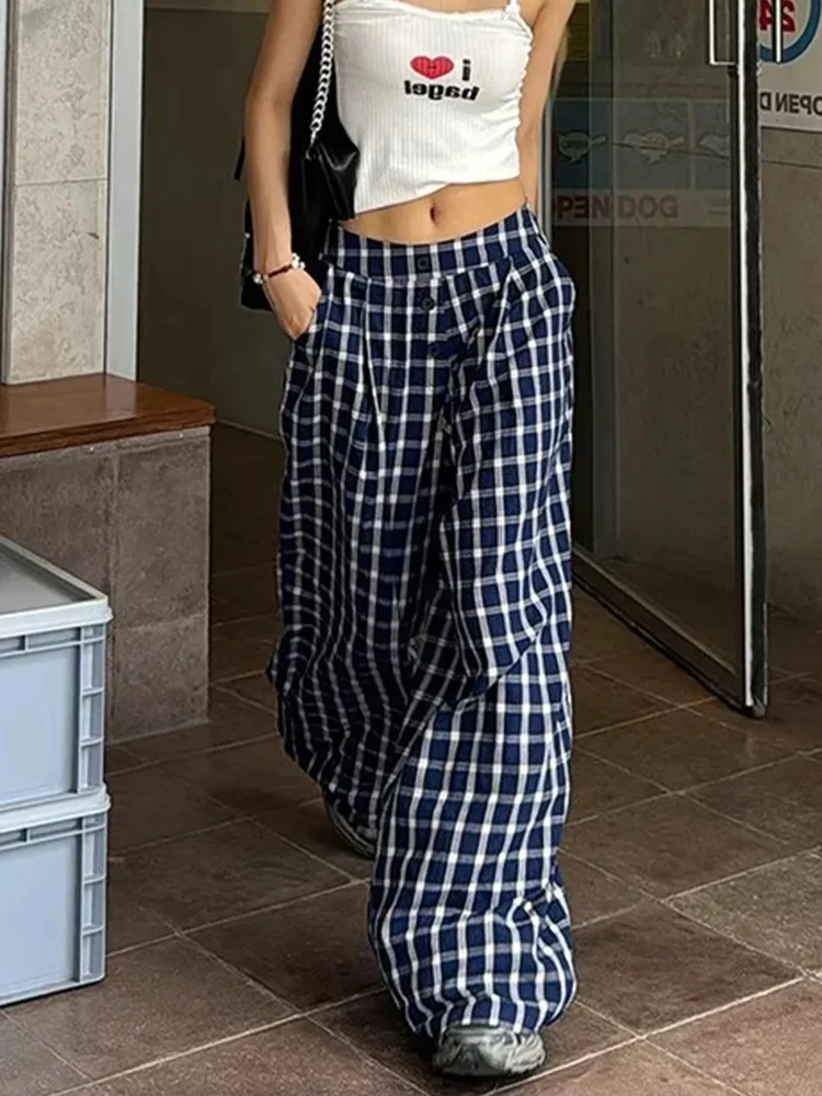 

Винтажные синие клетчатые брюки, женские корейские свободные широкие брюки с высокой талией, повседневные женские уличные брюки с карманами в стиле ретро, новые