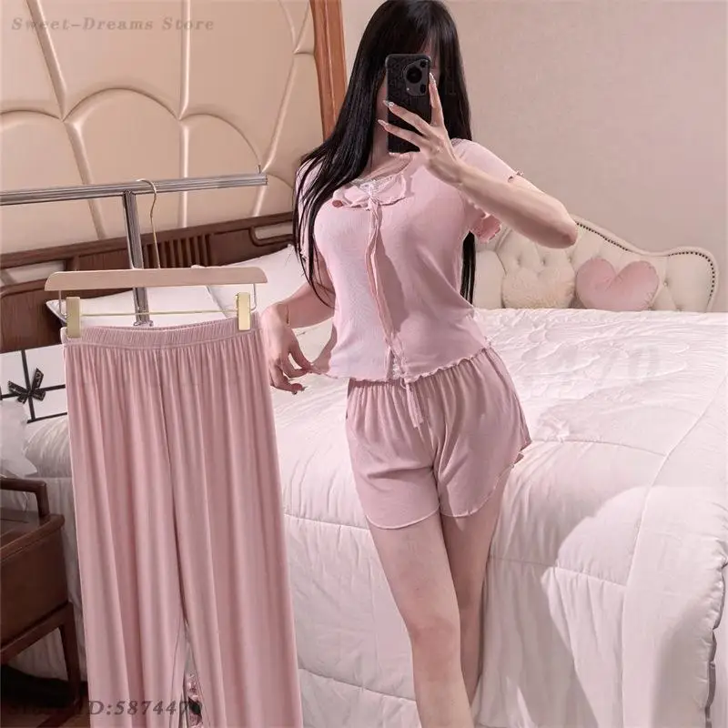 Women's Modal 3PCS Pajamas Set Loose Casual Home Clothes Nightwear Solid Color Short Sleeved Shorts Pants Sleepwear Lounge Wear