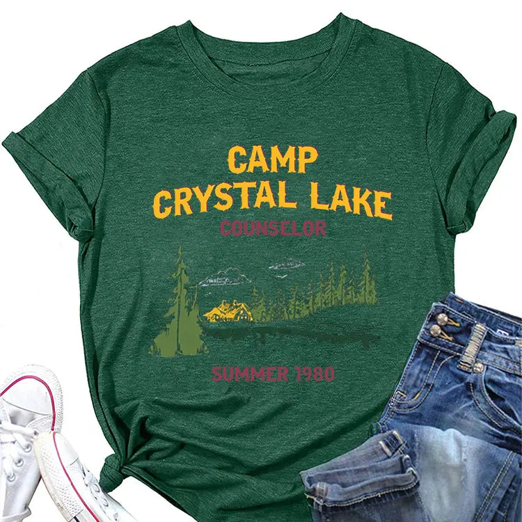 Summer new women\'s short-sleeved T-shirt camp crystal lake counselor printed loose round neck casual top with all fashion pullov