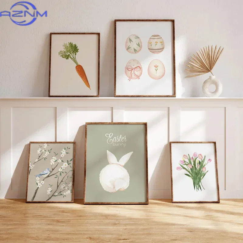 Affiche sur toile Lapin de Pâques, Carotte et Œuf, Motif floral printanier et vitalité des plantes, Tableaux imprimés pour décoration murale de chambre d'enfant, Décoration intérieure moderne, Cadeau