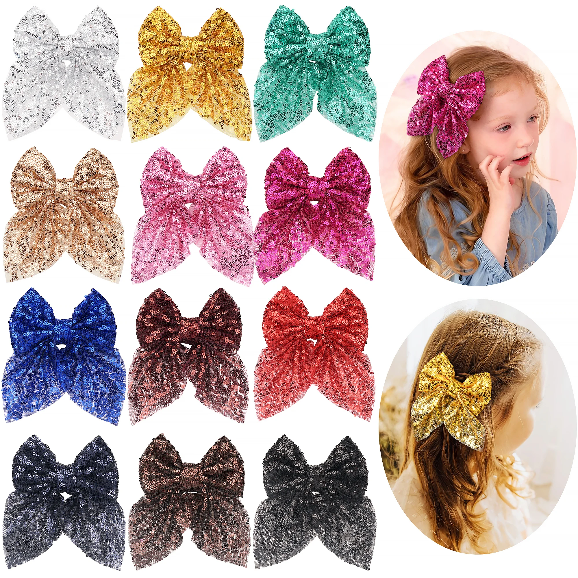 

4Inches Boutique Hair Bling Sparkly Sequins Tail Mesh Ribbon Alligator Hiar Clips Barrettes Party Girls Kids Children