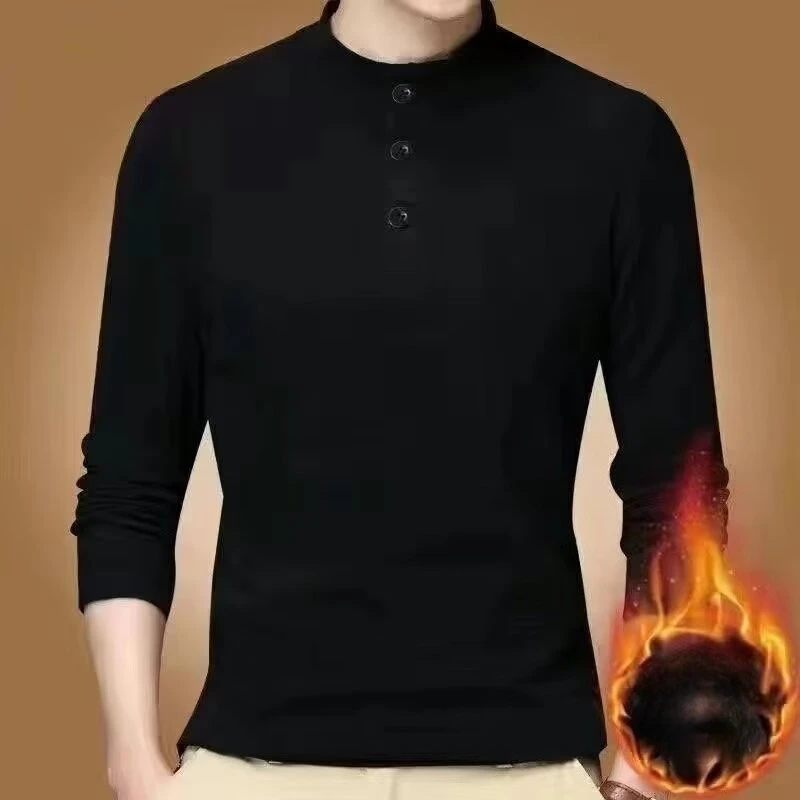 

Men Stand Collar Double-sided Velvet Long Sleeve Casual T-Shirt Inner Wear Tops Solid Fashion Basic Button Leiseure Tee Shirts