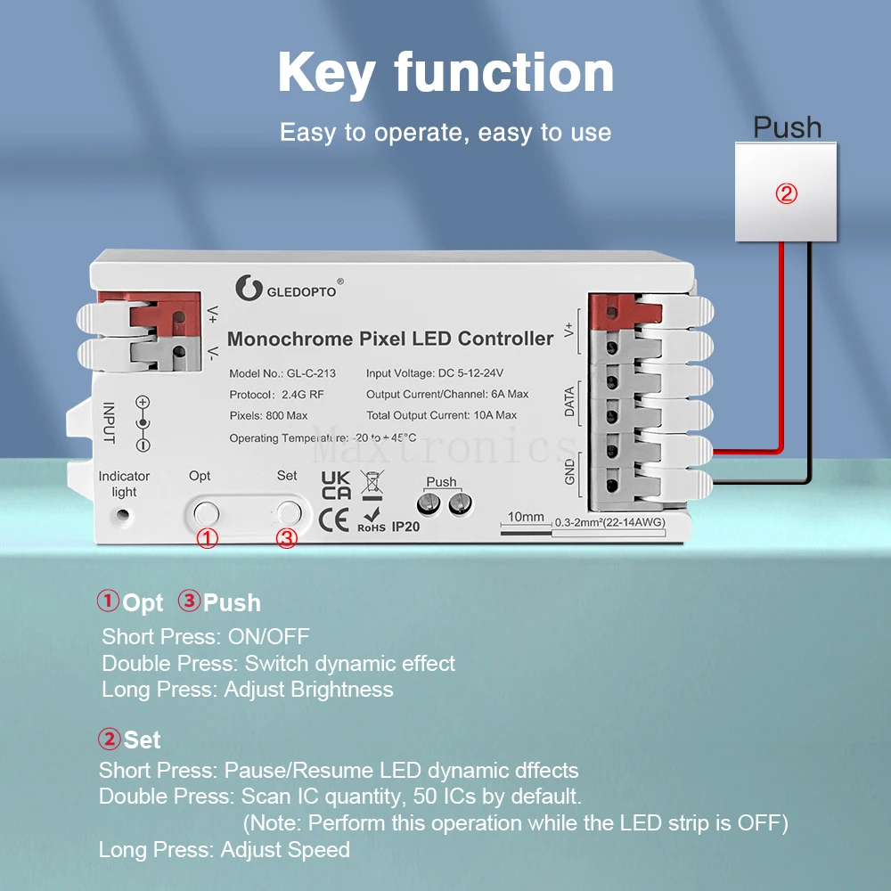 Controller LED pixel monocromatici DC5-24V 2.4G RF 800IC Max 7 modalità dinamiche GL-C-213 /GL-RC-002 Telecomando per striscia LED monocolore