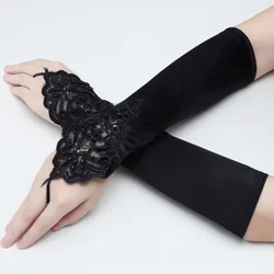 31cm Vintage 1920s Fingerless Lace Sequins Satin Party Gloves Costume Accessories Stretch Black Women Long Gloves