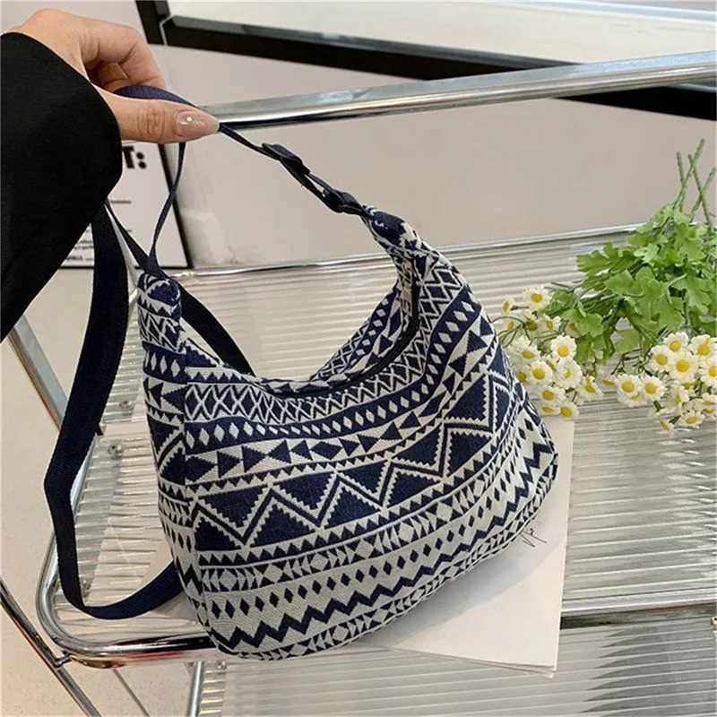 Borsa a tracolla femminile Borsa di tendenza Borse semplici con cerniera Borsa a tracolla in tela stile etnico Borsa piccola da spiaggia in tessuto