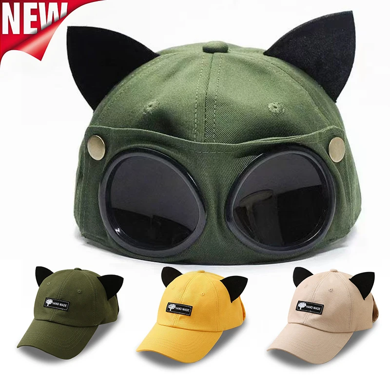 Moda unisex occhiali da pilota orecchie di gatto berretto da baseball berretto hip-hop da strada cappelli casual cappello per protezione solare