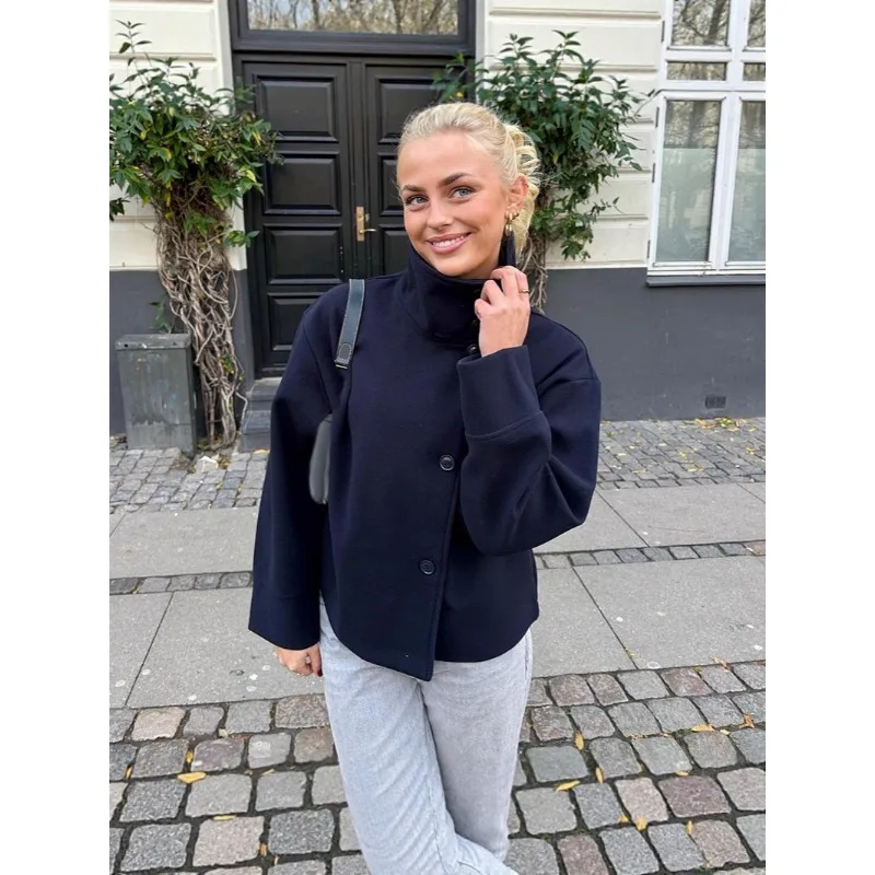 

Женское зимнее пальто с воротником-стойкой для отдыха, осень 2023, однобортное свободное женское офисное однотонное уличное женское короткое пальто