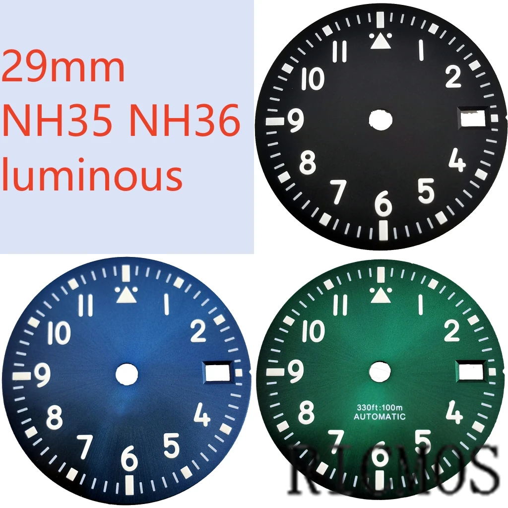 

Циферблат часов NH35 29 мм с окошком для даты, белый/зеленый/синий/черный цвет, зеленая подсветка, для NH35 NH35a, аксессуары и запчасти.