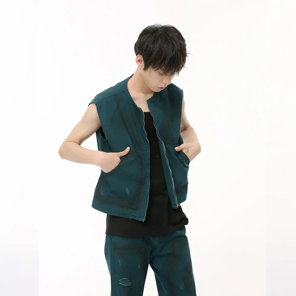 Korean Style Denim Two-piece Set Sleeveless Vest Wide Leg Pants Personality Male Suit Gradient Color Trendy 2024 Summer