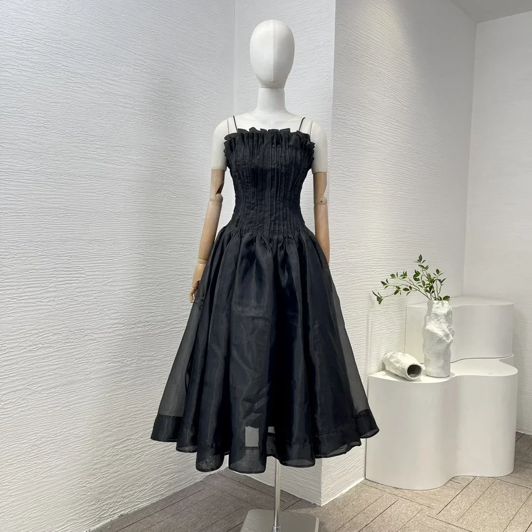 

New Collection Black Strapless Ruched Pleat Sleeveless A-line Midi Dress High Quality Women Clothes