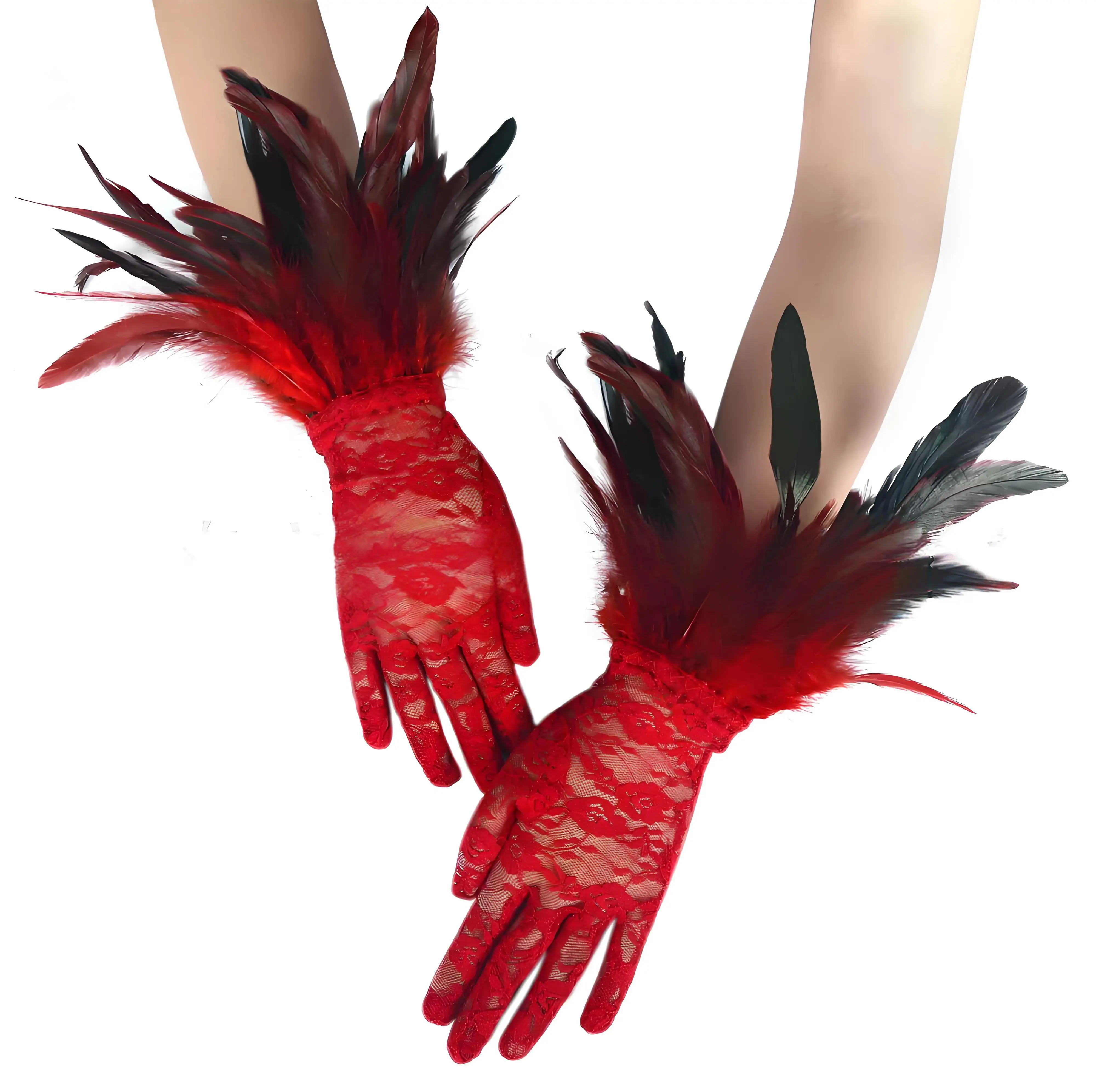 Women Feather Gloves Halloween Costume Witch Party Bridal Dress Accessorie Stretchy Floral Lace Ball Gloves Feather Wrist Gloves