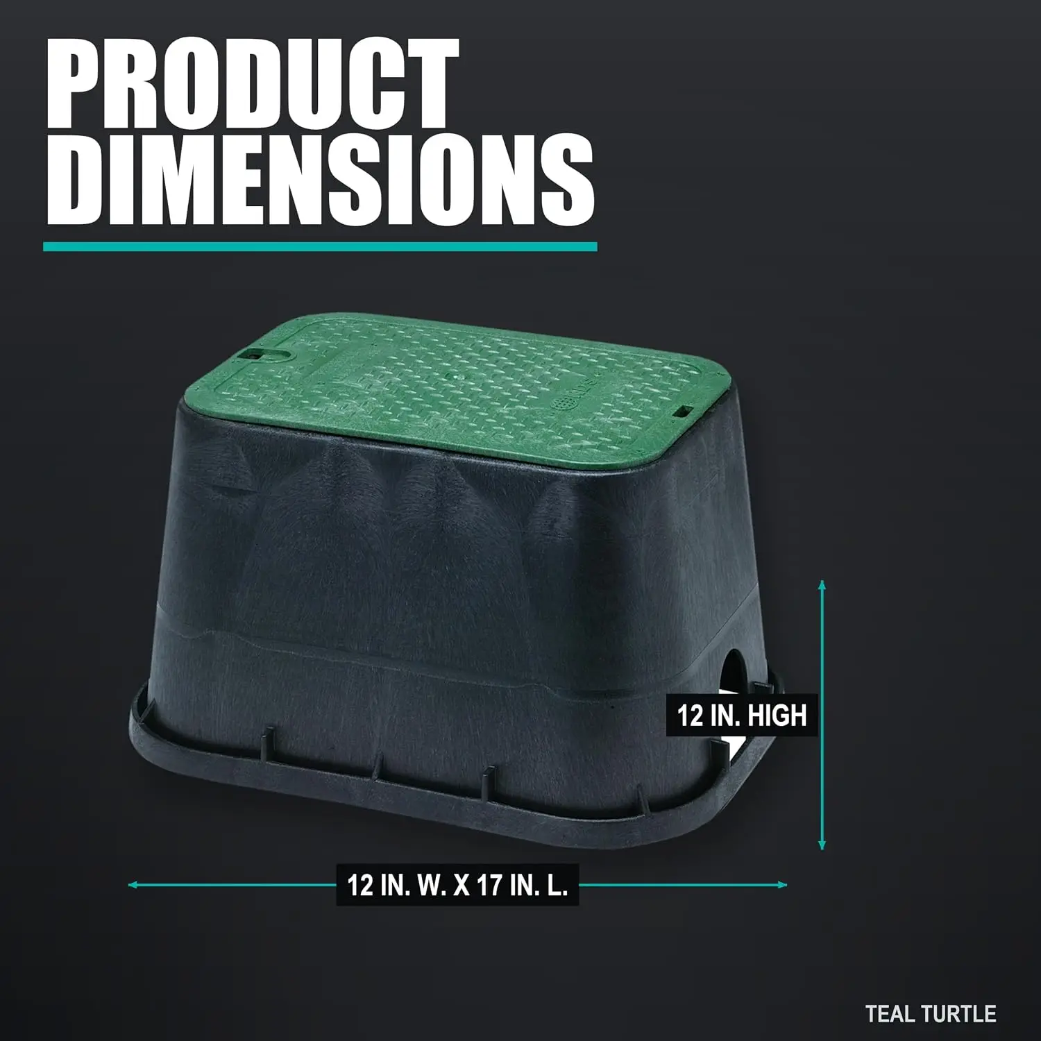 Teal Turtle Rectangular Valve Box with Cover, 12 x 17 x 12 Inch Structural Foam Polyethylene Sprinkler Valve Box, Locking Latch Lid, UV Inhibitor, Tapered Body, Black Box with Green Cover