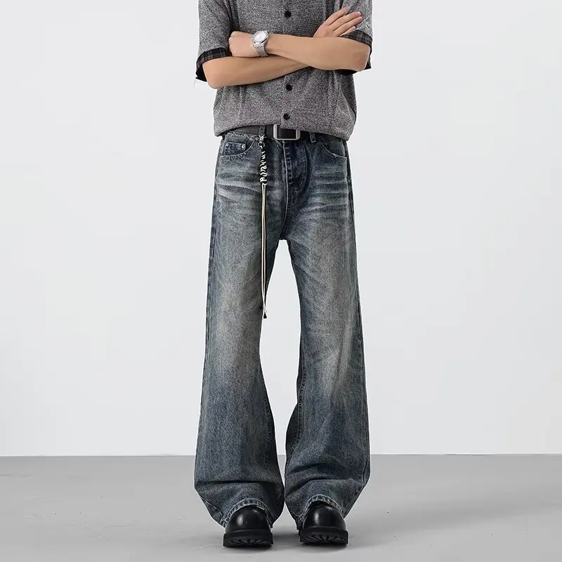 

Retro Blue Jeans Men's Loose Straight Leg Washed Cleanfit Floor-Length Pants American Vibe Casual Jeans