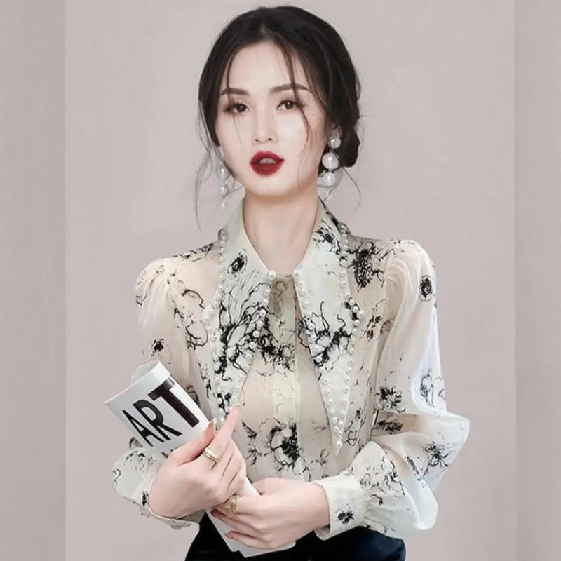 Vintage Printed Lapel Single-breasted Puff Sleeve Shirts Women\'s Clothing Autumn Winter Elegant Chiffon Tops Office Lady Blouses