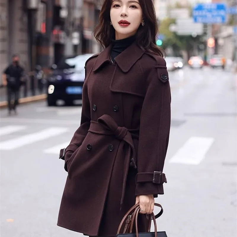 

2026 весеннее новое осенне-зимнее высококачественное шерстяное пальто для женщин, корейская версия, толстое шерстяное пальто кофейного цвета, ветровка, верхняя одежда