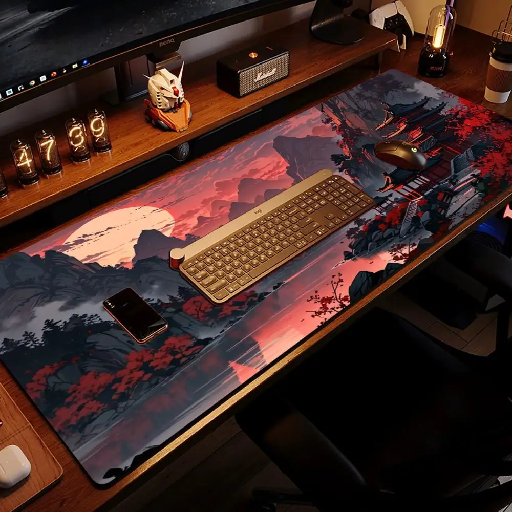 Mousepad Red Moon Mountain Range Ancient Chinese Temple Landscape Playmat Large Size For Laptop Games Game Card Pad Table Mat