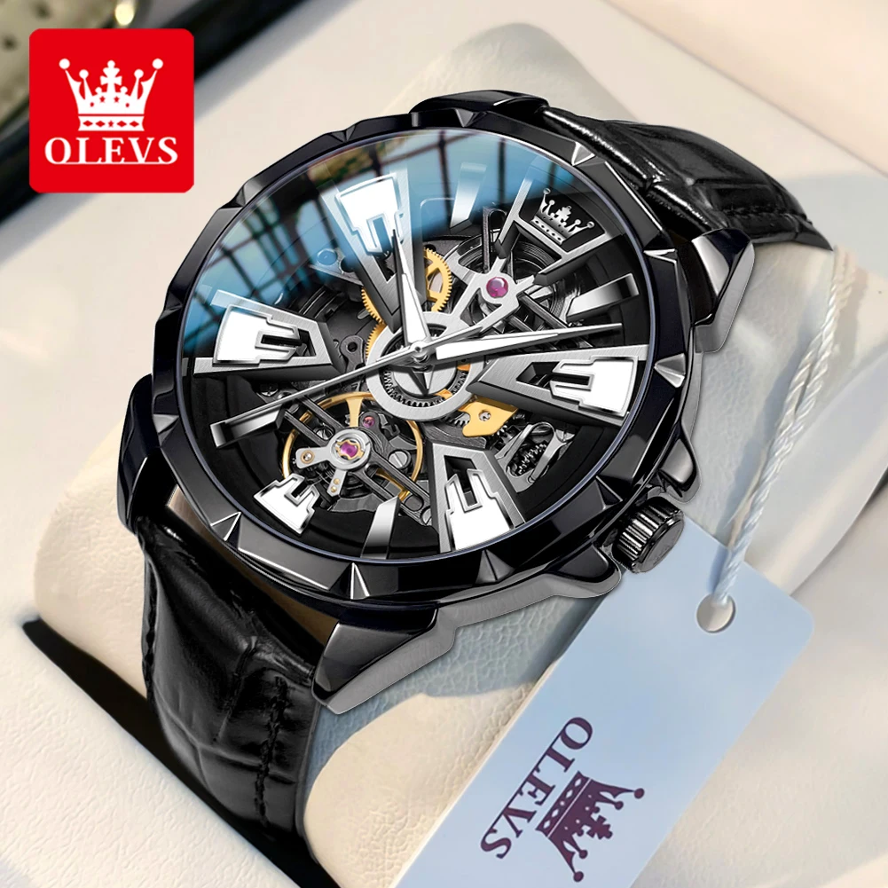 

OLEVS 7051 модные мужские часы с кожаным ремешком 30 м водонепроницаемые полые HD светящиеся автоматические механические наручные часы для мужчин