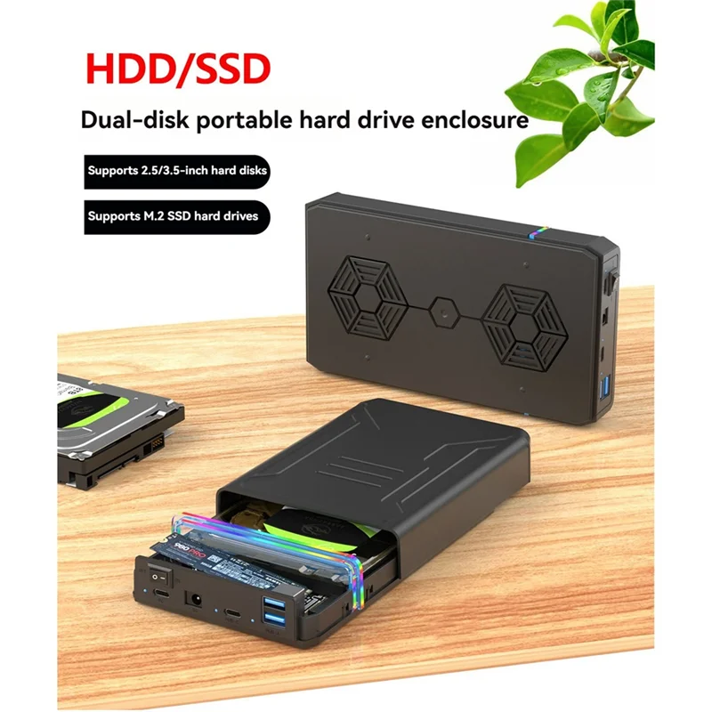 

AT82-2.5/3.5 Inch HDD M.2 NVME SSD Case Dual Disk Case Portable USB 3.0 Hard Drive Enclosure External Hard Disk Box