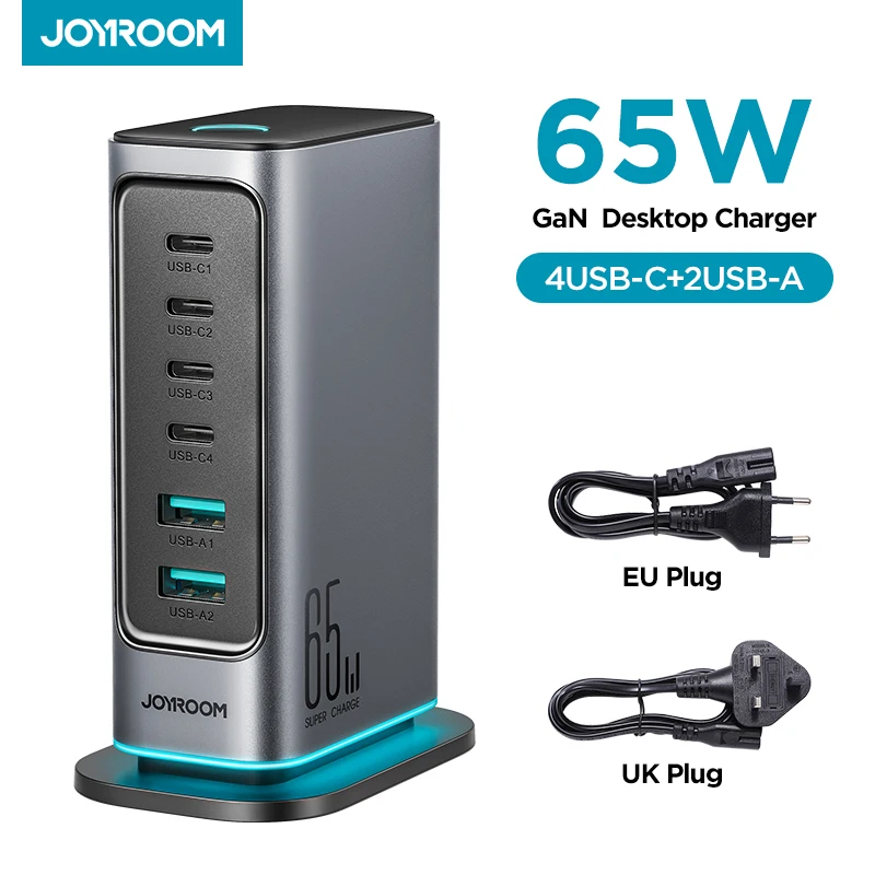 

JOYROOM 65W GaN Charger Desktop Charging Station 4C2A 6 Port Fast Charging PD 65W Laptop Charger Adapter for MacBook Pro/Air