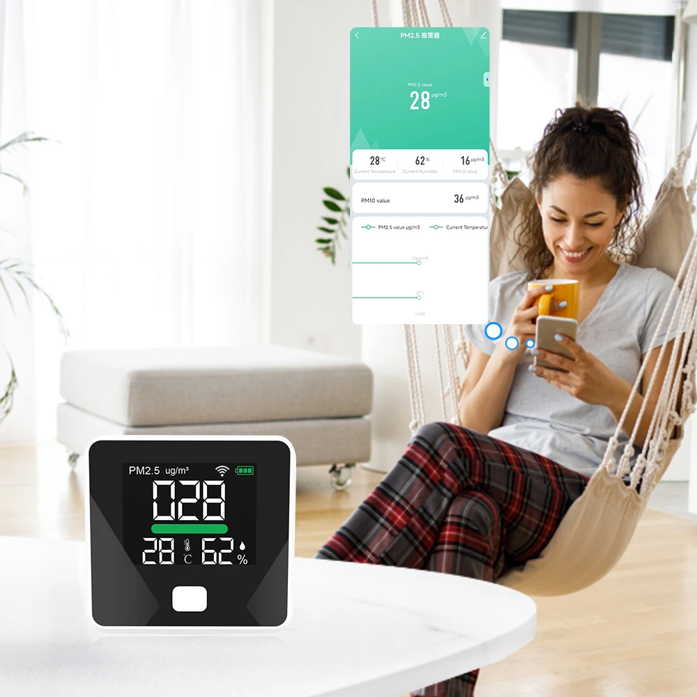 PM2.5  monitor 4 in One wireless with TUYA  WIFI APPconnect to mobile phones rechargeable lithium battery