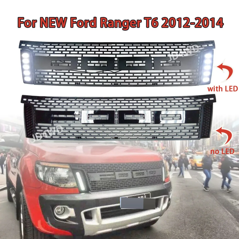 

Front Racing Grills Fit For RangerT6 Xl Xlt 2012 2013 2014 ABS Grill Mesh Mask Cover Auto Accessories With LED Light