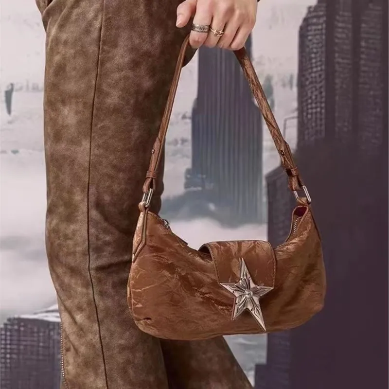 JIAERDI Vintage Star Y2k Bag Women New Hot Girls Leather Handle Underarm Bag Purse Female Retro Brown Shoulder Bag Handbag Chic