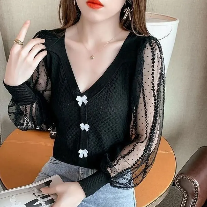 Sexy Lace Gauze Long Sleeve Shirt Knitted Spliced Fashion Sweet Bow Female Clothing Spring Autumn Slim Elegant V-Neck Blouse New