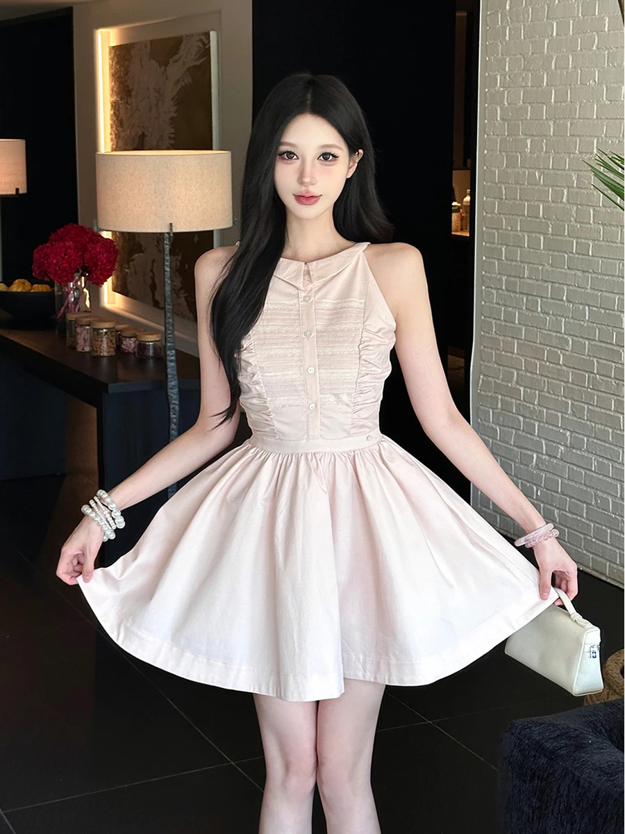 فستان صيفي نسائي من REDDACHiC أنيق بياقة بدون أكمام من الدانتيل مطوي على شكل حرف A فستان قصير رومانسي لعيد الحب قطعة واحدة