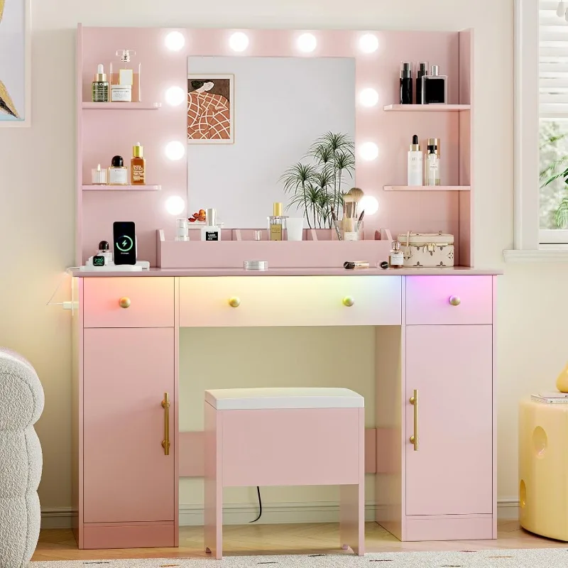 with Mirror and Lights, Makeup Dressing Table Set with Storage Drawers & Stool, Power Outlet, 3 Lighting Modes Adjus