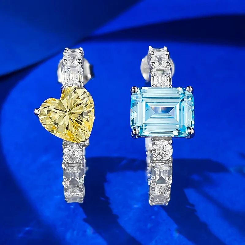 Wholesale of S925 Silver Shining Crystal Contrast Ring Earrings Yellow Diamond Sea Blue Love Earrings