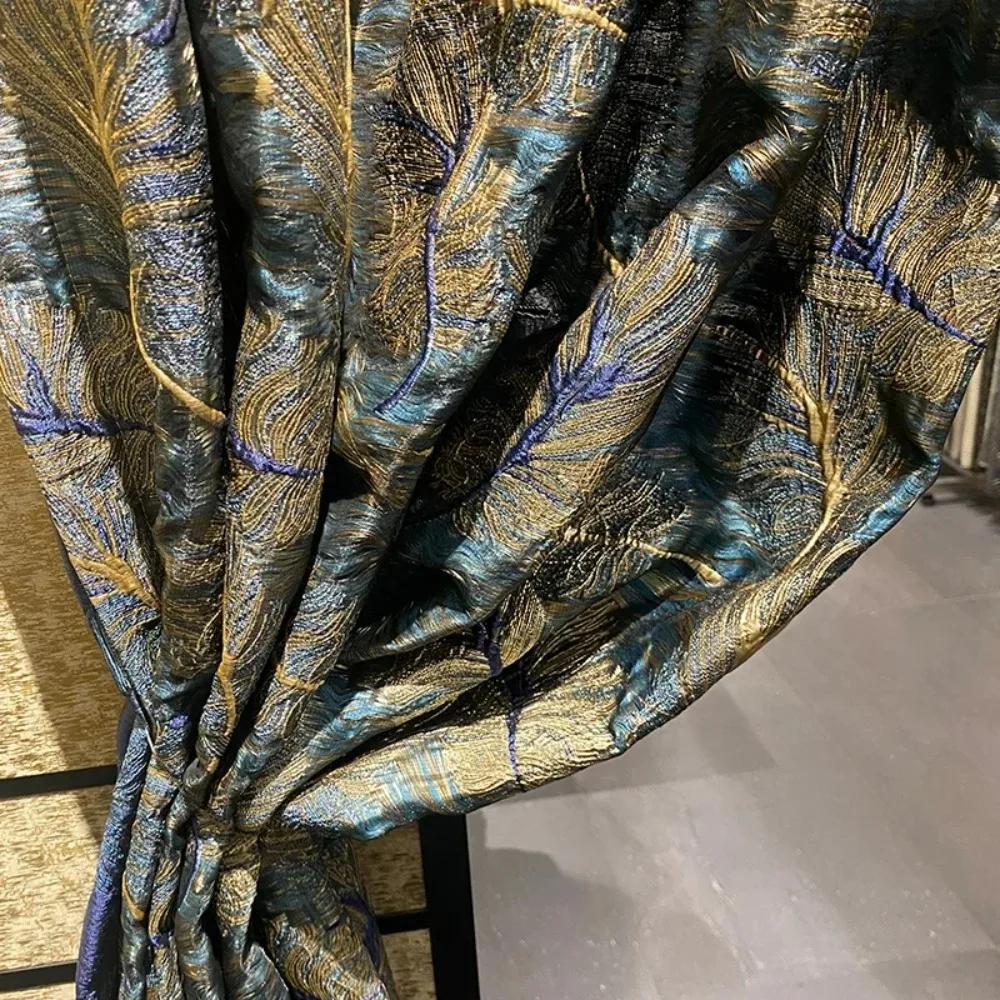 High End Peacock Feather Relief Blue Jacquard Curtains for Bedroom Living Room Balcony Villa Customized Products Golden Thread