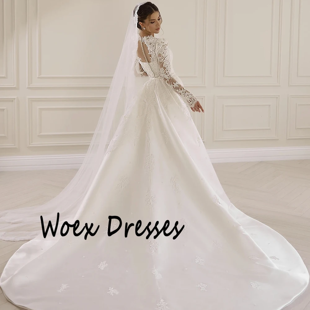 Abito da sposa bianco con scollo a O di lusso personalizzato ILLUSION Maniche lunghe in pizzo Watteau Train Party Dress A-line Abiti da ballo lunghi fino al pavimento