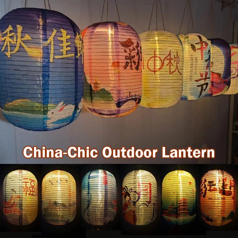 Chinese Style Mid-Autumn Lantern Beautiful Flowers And Full Moon Waterproof Sun-proof Cloth Lantern Festival Holiday Party Decor