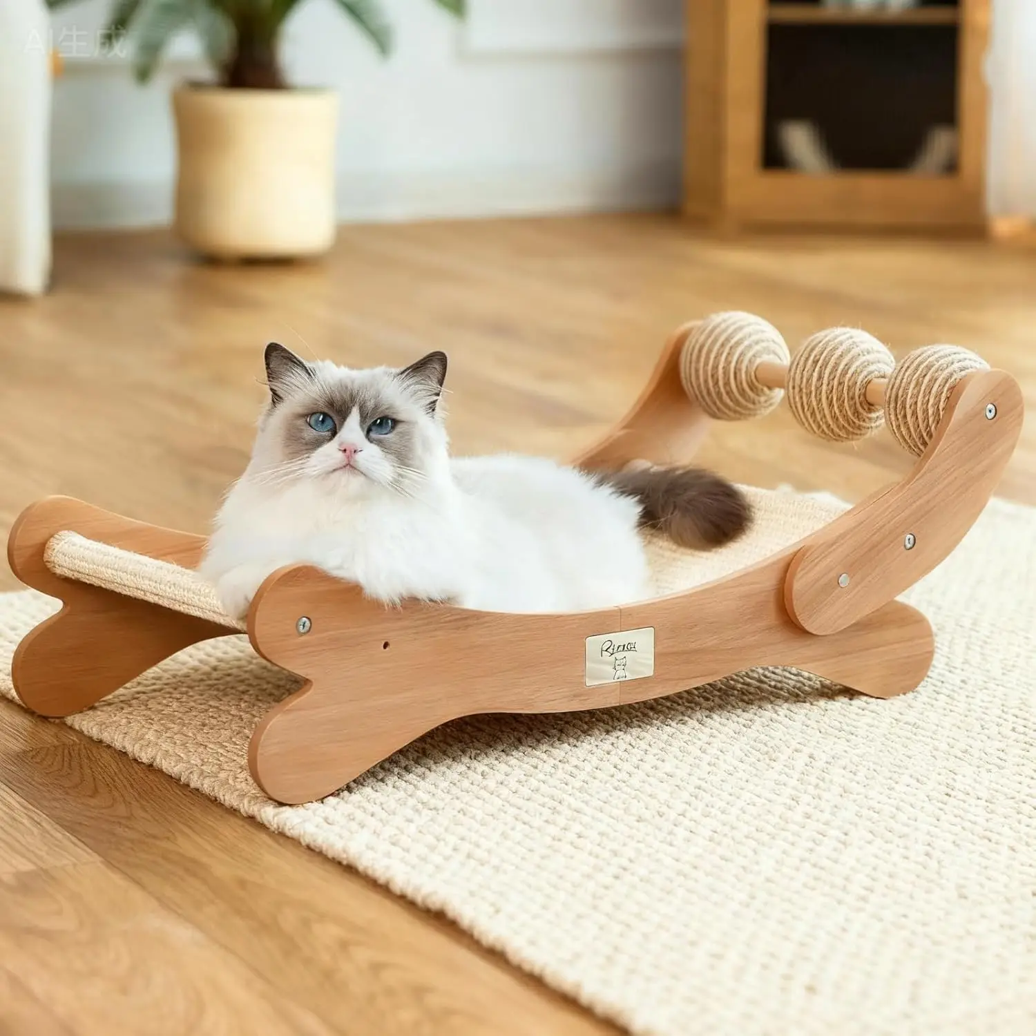 

Sisal Cat Scratcher Bed with 3 Toy Balls for Indoor Cats, Durable Wooden 3-in-1 Hammock Lounge & Scratch Pad - Modern Fu