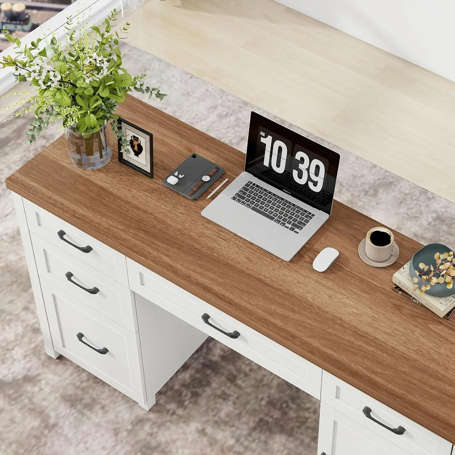 61'' Executive Desk with 5 Drawers White Farmhouse Style Office Workstation, Customized