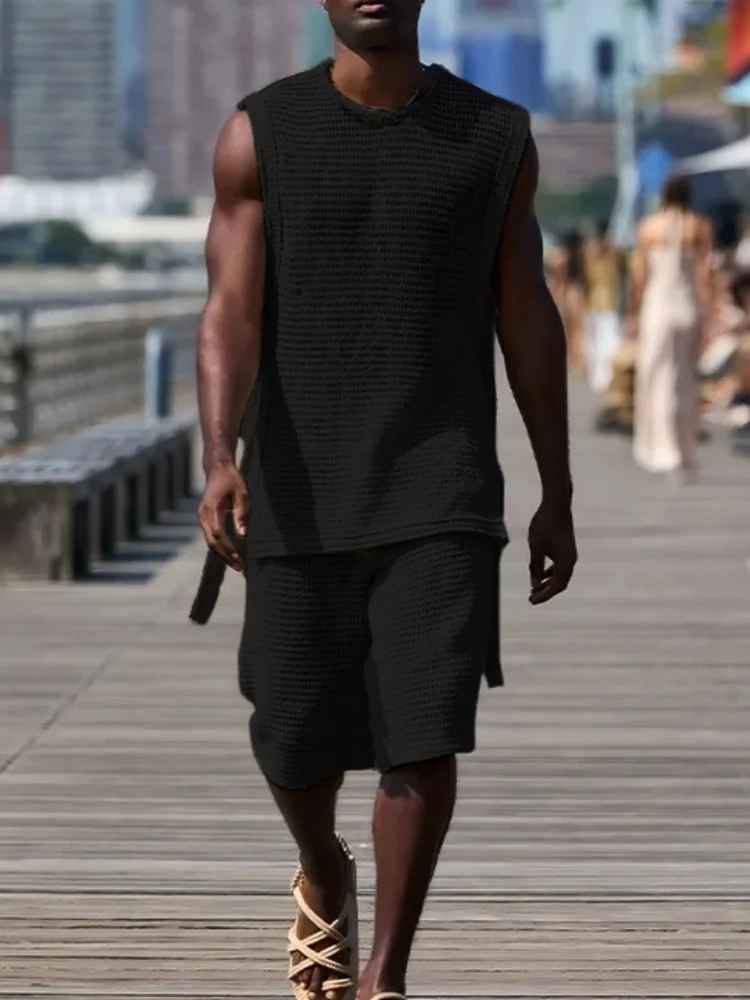 Conjunto de Dos Piezas de Verano para Hombre, Malla Hueca, Transparente, Camiseta sin Mangas, Pantalones Cortos Holgados con Lazos Laterales, Traje a Juego para la Playa