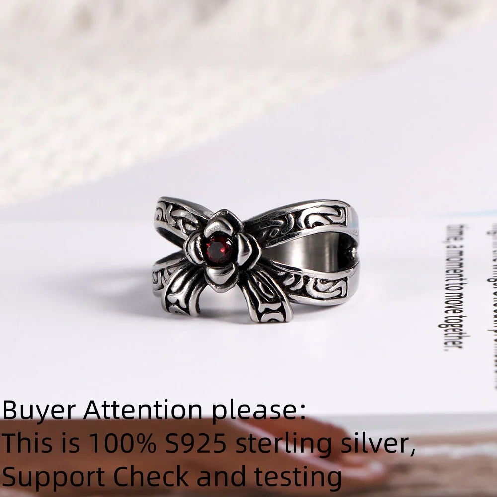 Simplicity Vintage Unisex Gothic S925 Sterling Silver Rose Ring Bohemian Couple Creativity Gift party Bow Patterned Ring Jewelry
