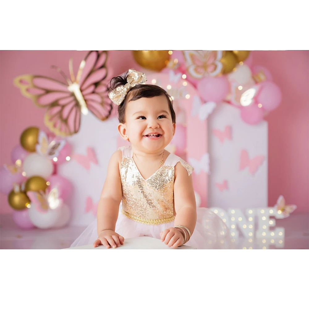 Prettiest Golden Butterflie Photography Backdrop Girl Birthday Cake Smash Photo Background Pink Balloon Decor Photo Studio Props