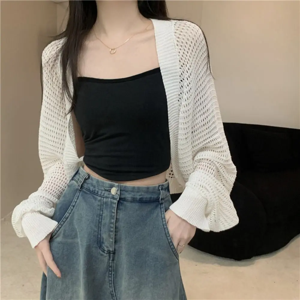 

Elegant Hollow Knitted Shawl Thin Long Sleeves Knit Cardigan Korean Style Cloak Knitted Cape Women