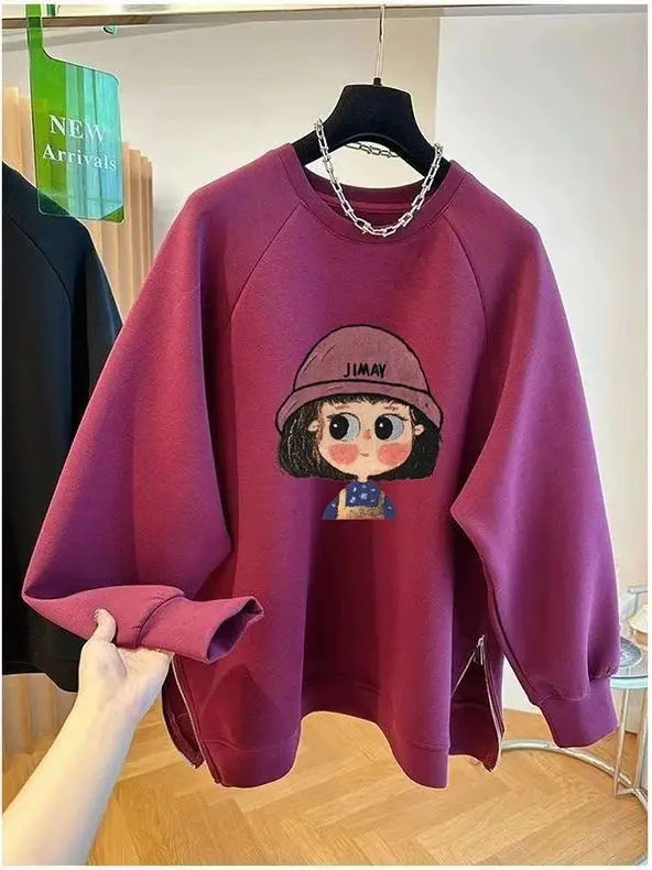 plus Size 300 Pou Korean Cartoon Print round Ne Sweatirt Women Loose Mid-Length Casual Top Comfortable Loose Fit Hoodie