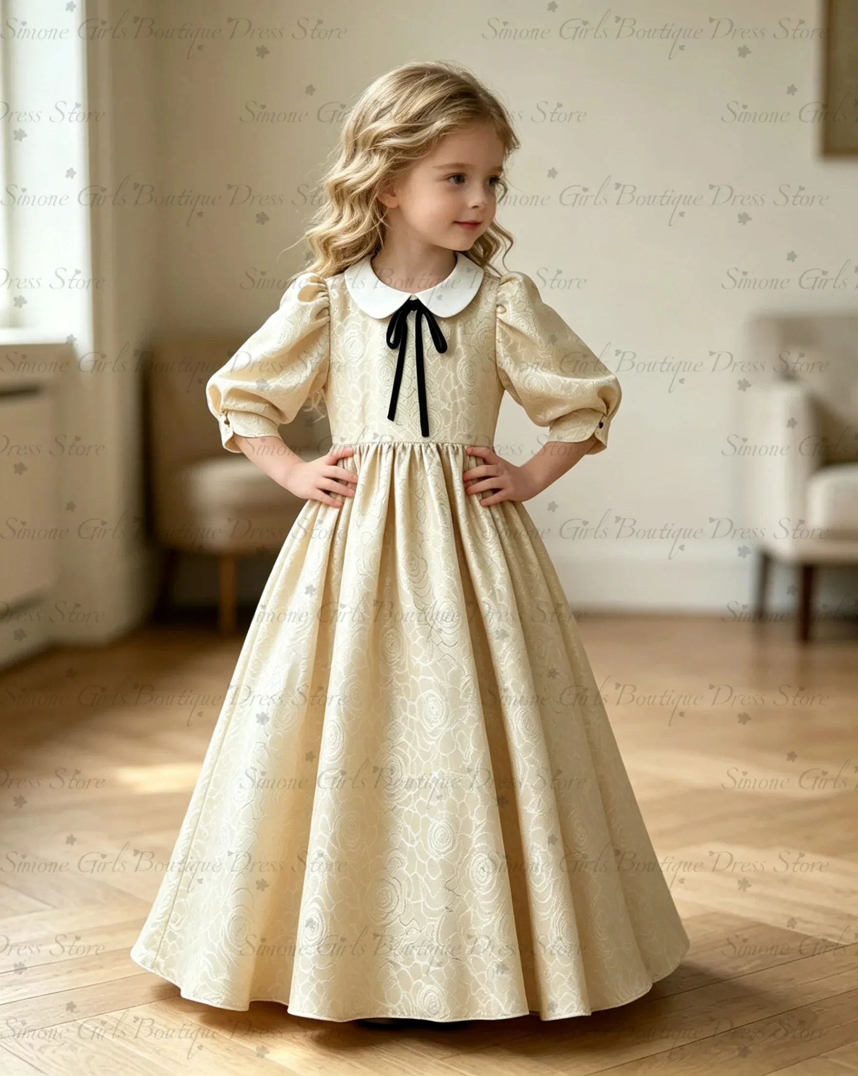 Großhandel Rosé Mädchenkleid mit Goldenen Puffärmeln Elegantes Blumenmädchenkleid für Hochzeitszeremonien Formelle Feiertagsfeierlichkeiten Maßanfertigung – Detail 6