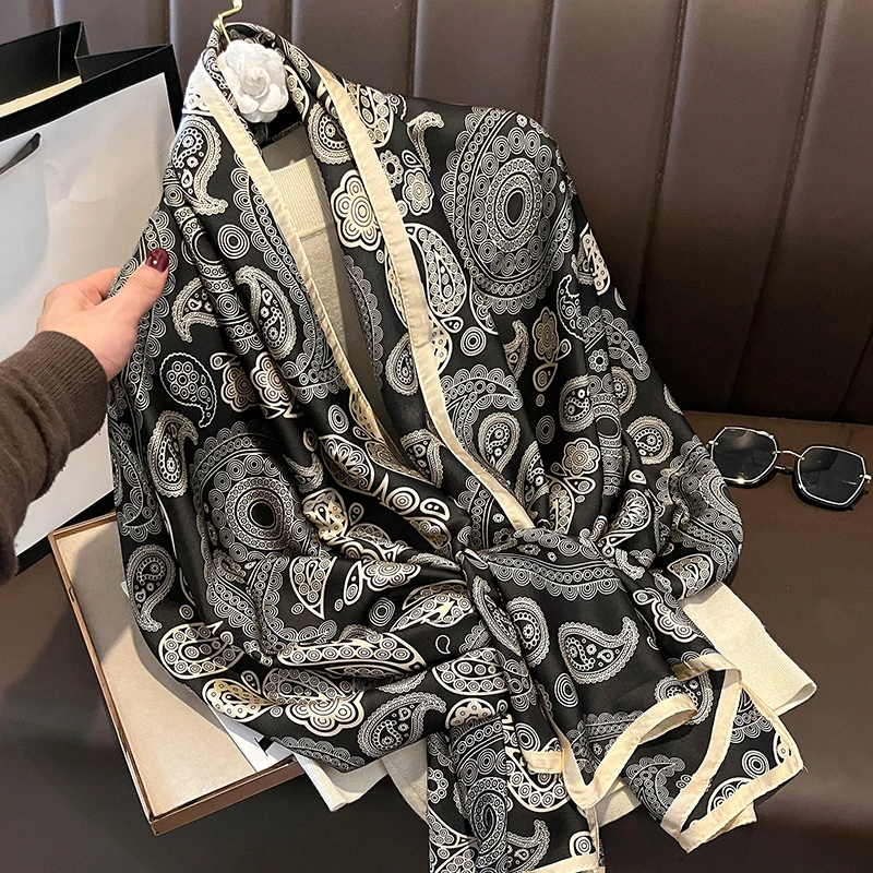 Fashion Print Large Shawl Wraps Silk Scarf Women Luxury Brand Satin Headband Hijab Bandana Turban Foulard Summer Beach Stoles