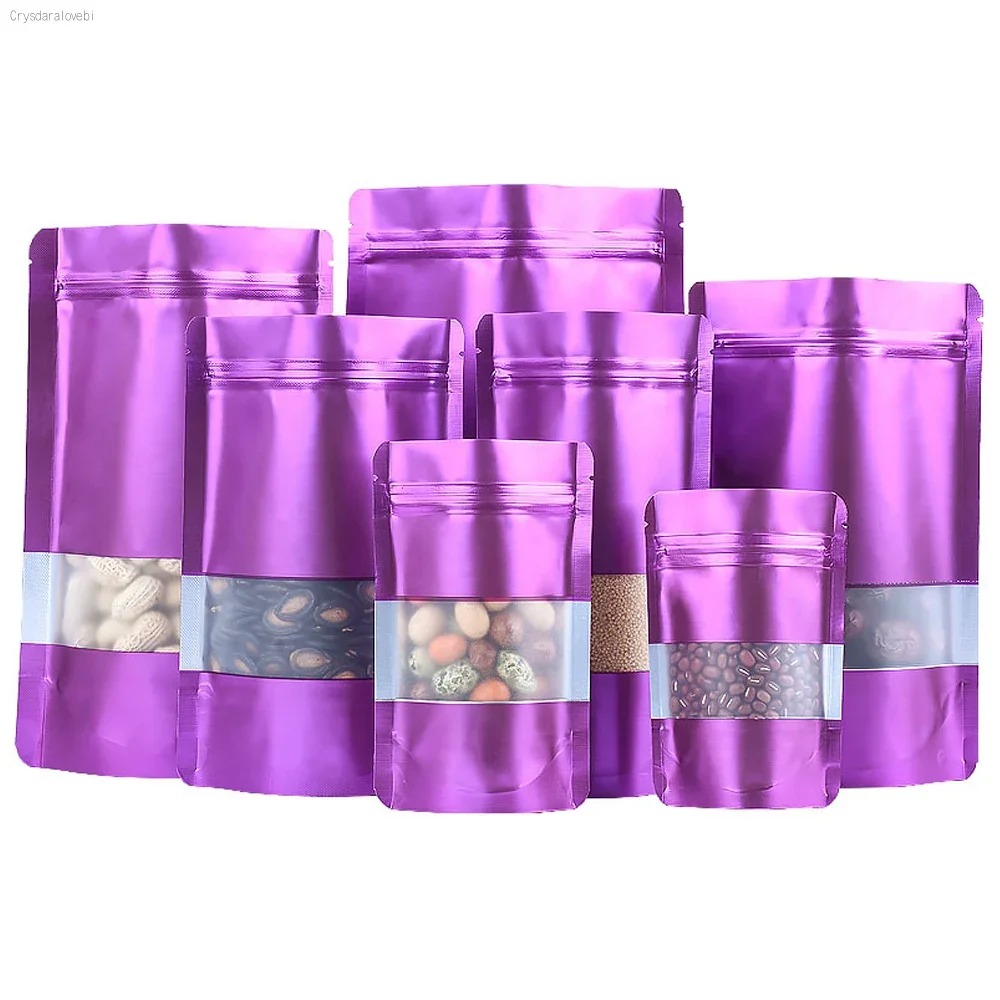 100Pcs/Lot Purple Aluminum Foil Stand Up Bag with Matte Clear Window Zip Lock Self Seal Reusable Doypack Food Snack Bean Pouches