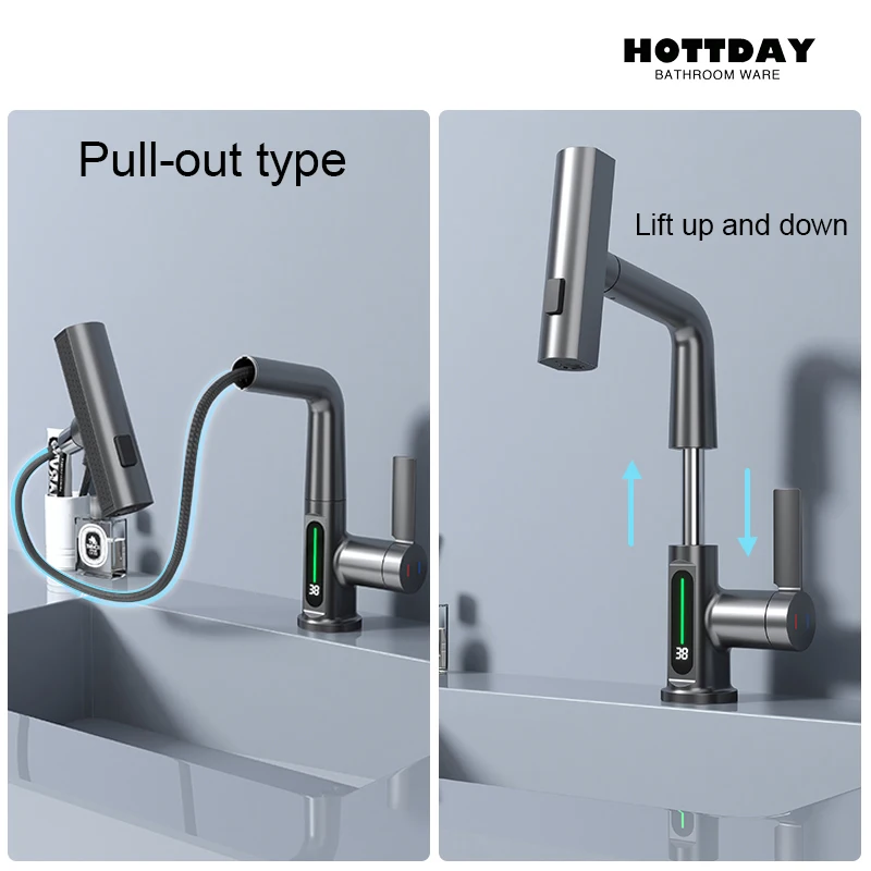 Imagem -06 - Torneira de Bacia de Exibição Digital com Temperatura de Cachoeira Levante o Pulverizador Misturador para Pia de Água Quente e Fria