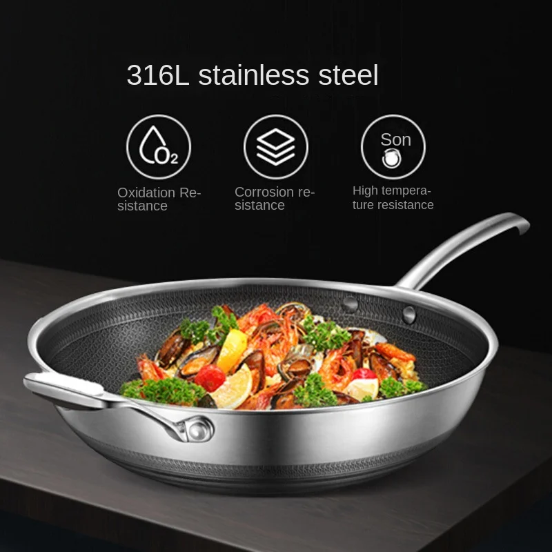 Midea 32CM non-stick wok 316 stainless steel double-sided honeycomb flat-bottomed wok induction cooker open flame universal